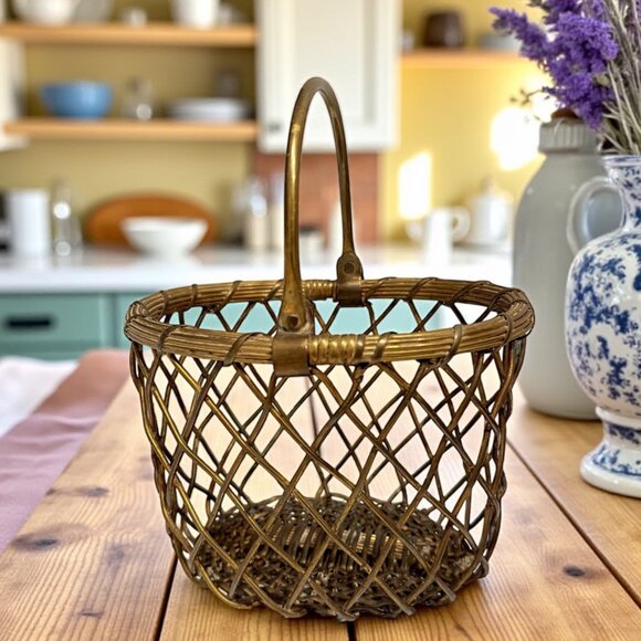French Country Solid Brass Basket with Handle - Picture 1 of 11